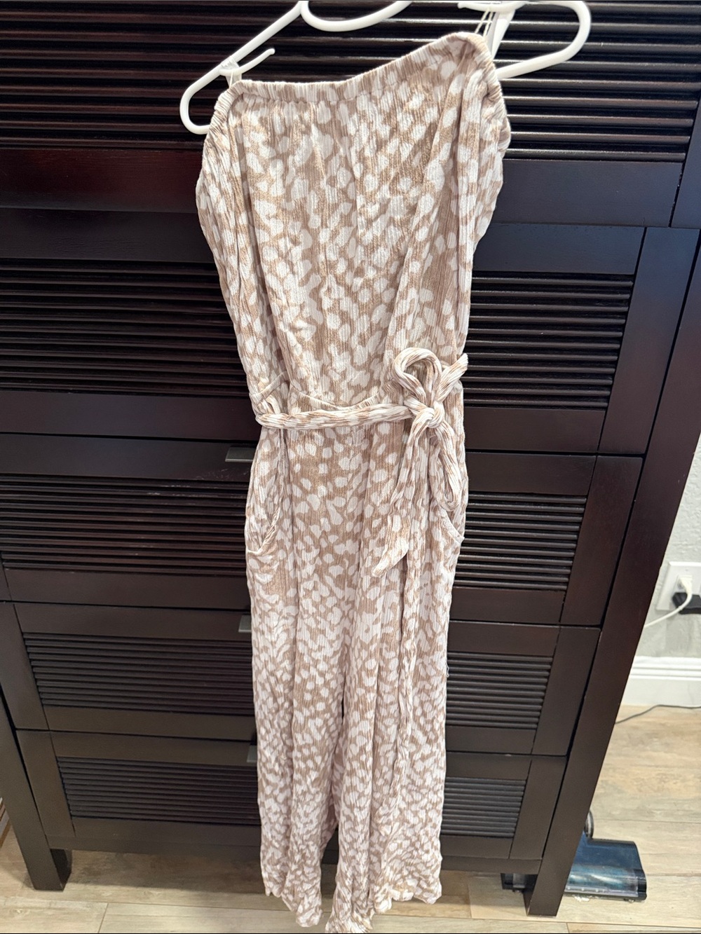 Dress Forum Beige Printed Strapless Jumpsuit with Tie Waist